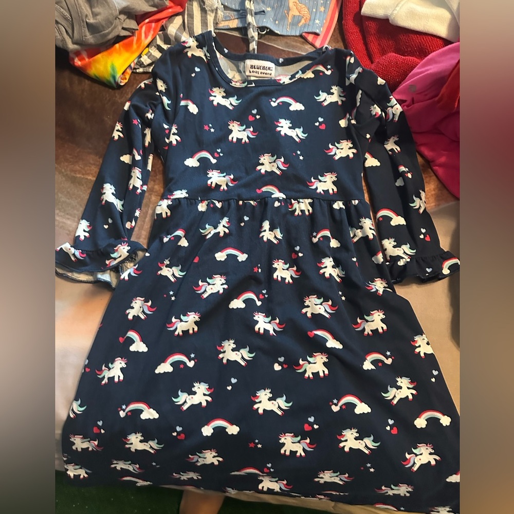 Bluberi Girls Unicorn Print Dress Ruffle Sleeve Sleeves SZ 6